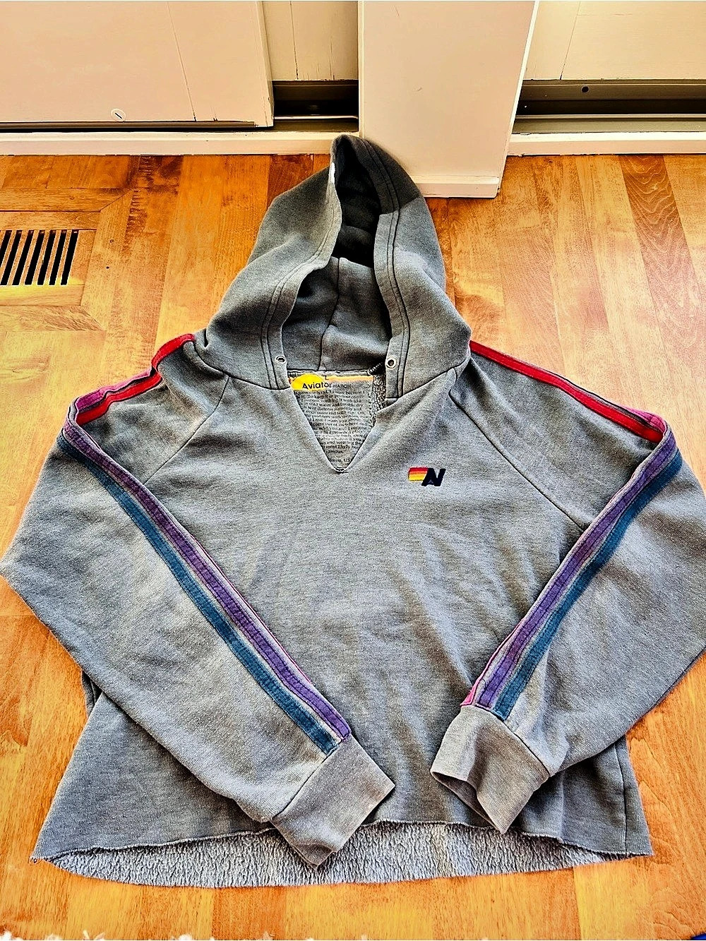 Aviator Nation Bolt V-Neck Pullover Hoodie Gray & Pink-medium